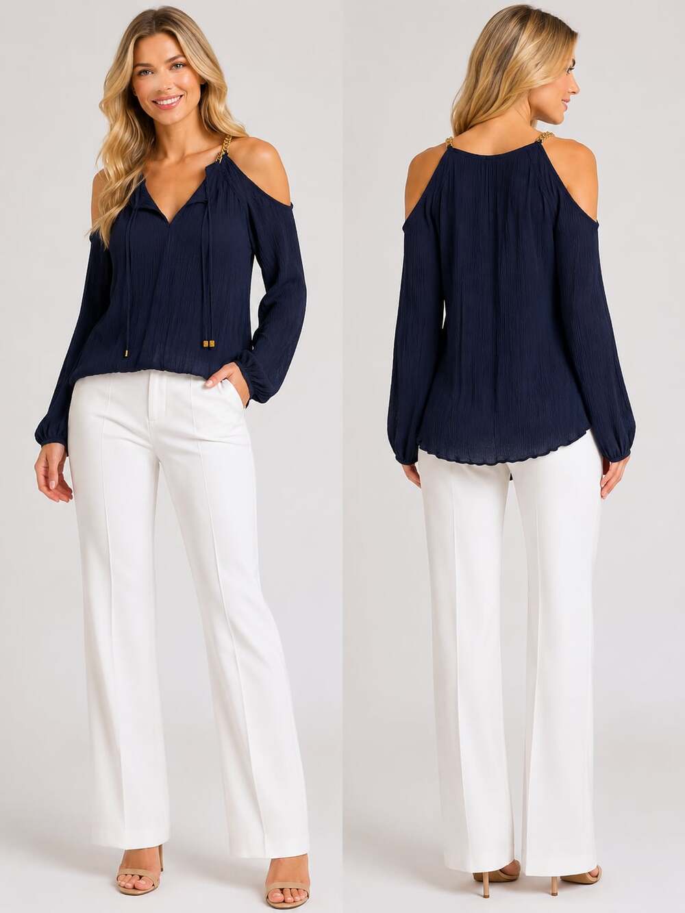MICHAEL Michael Kors Navy Blue Cold-Shoulder Blouse with Gold Chain Detail
M99